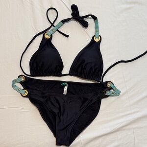Vix Black Bikini with Green leather snakeskin size large